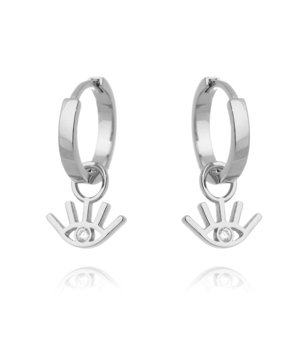 Brinco De Argola Lisa Com Pingente De Olho Estilizado Zirconia Rodio - Image 2