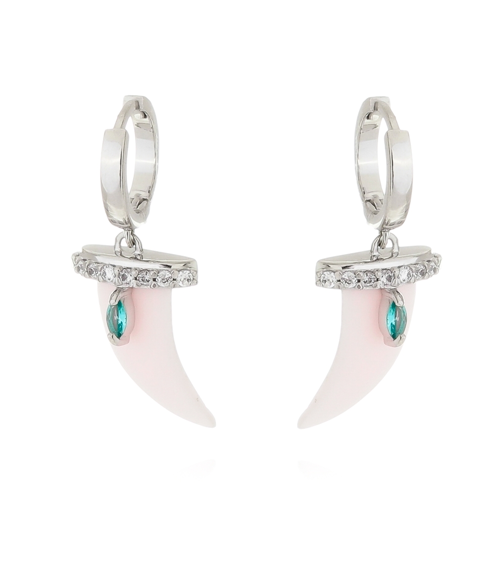 Brinco Dente De Sabre Resina Rosa Bebe E Zirconias Cristal E Turmalina Prata 925 Banho Rodio - Image 2