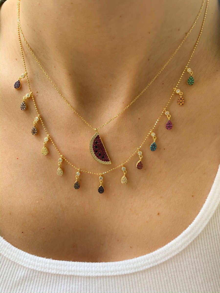 Colar De Melancia Cravejado Zirconias Rubis Prata 925 Banho Ouro - Image 3