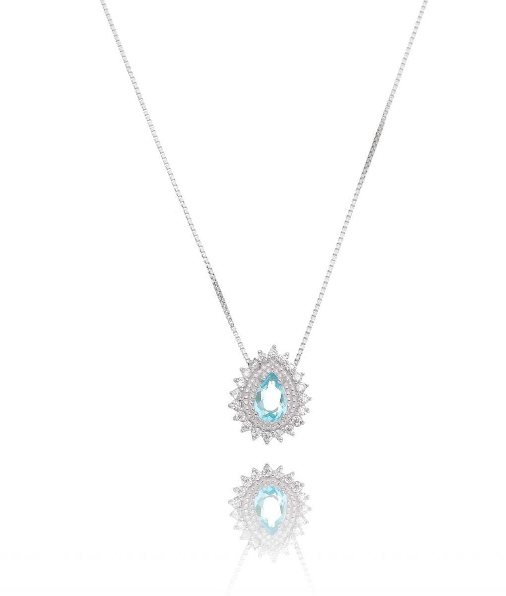 Colar Gotinha Princess Agua Marinha Cravejado Zirconias Prata De Lei