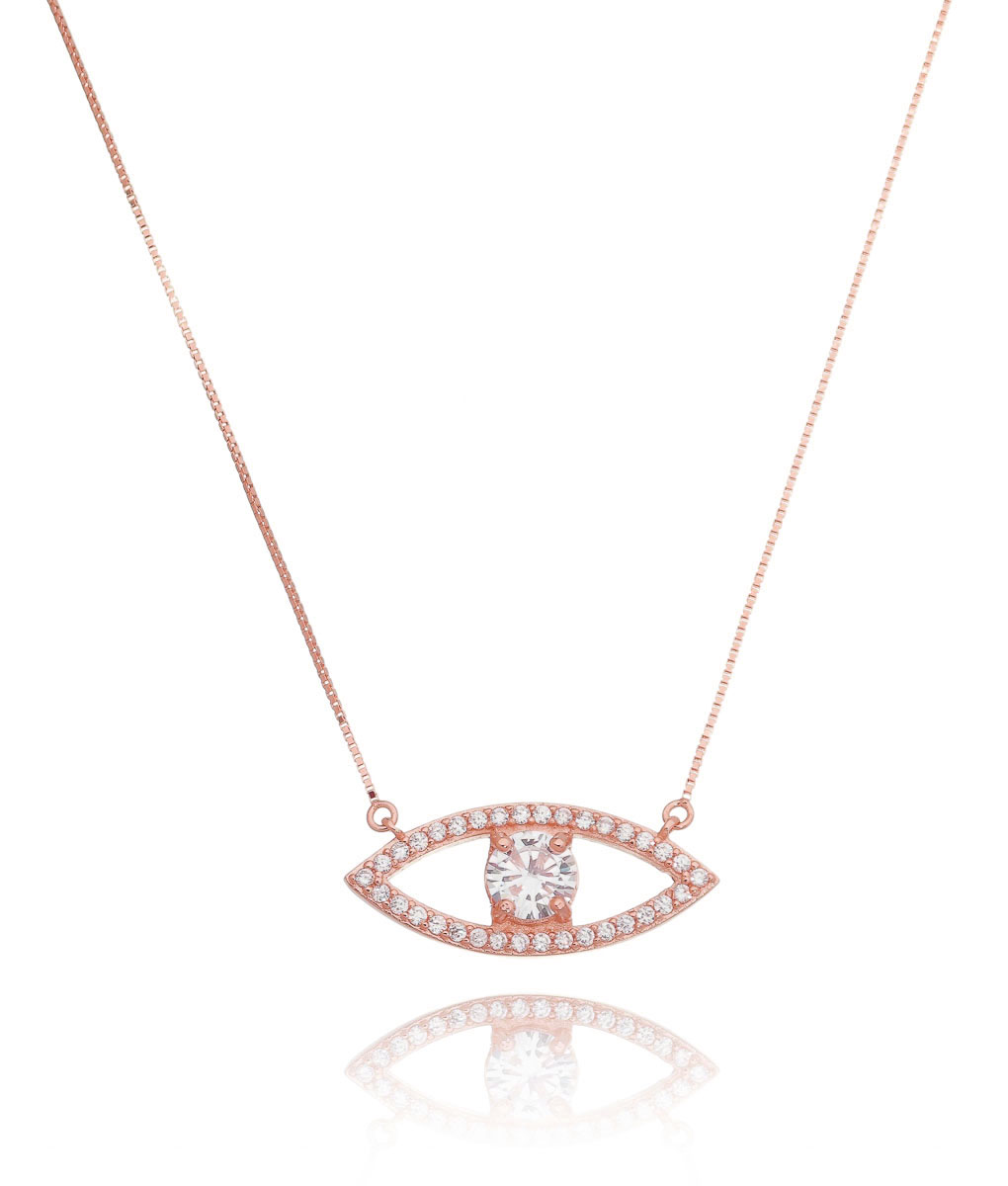 Colar Evil Eye Cravejado De Zirconias Brancas Prata 925 Rosé - Image 2