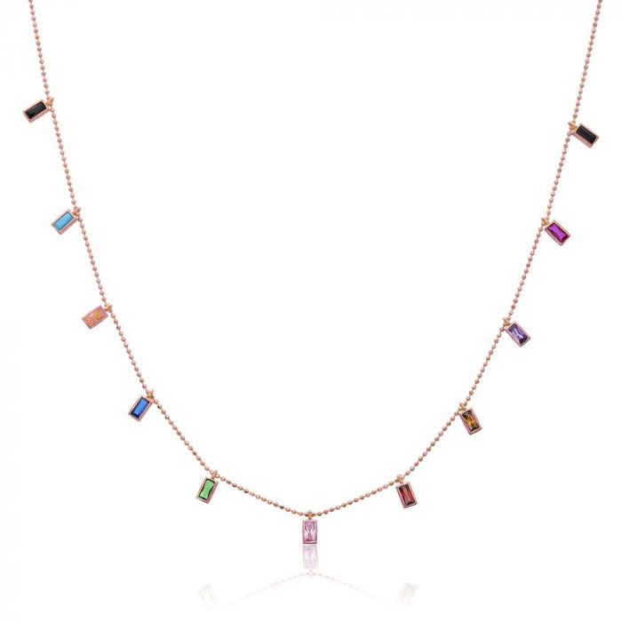Colar Plaquinhas Coloridas Cravejadas Em Zirconias Prata 925 Rosé - Image 2