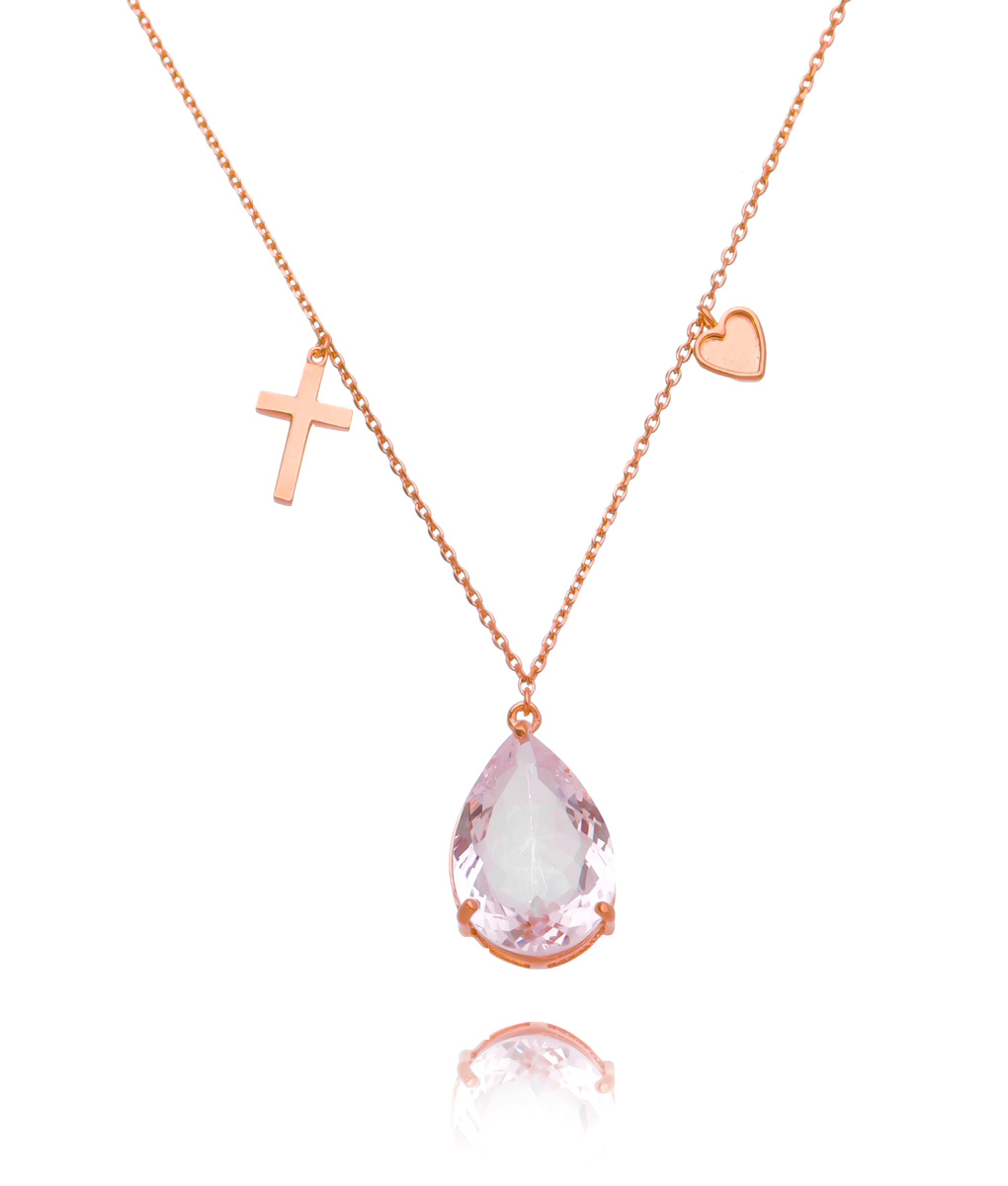 Colar Gota Kunzita Com Pingente Coração E Cruz Rosé Semijoia - Image 2