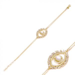 Pulseira De Olho Luxuosa Baguetada Perola Shell Prata 925 Banho Ouro