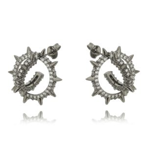 Brinco De Argola Spikes E Zirconias Semi Joias Modernas Rodio Negro