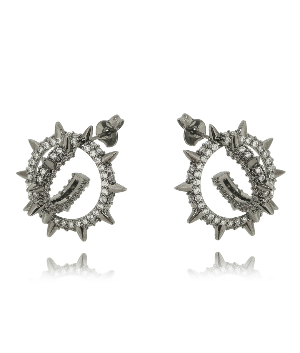Brinco De Argola Spikes E Zirconias Semi Joias Modernas Rodio Negro - Image 2