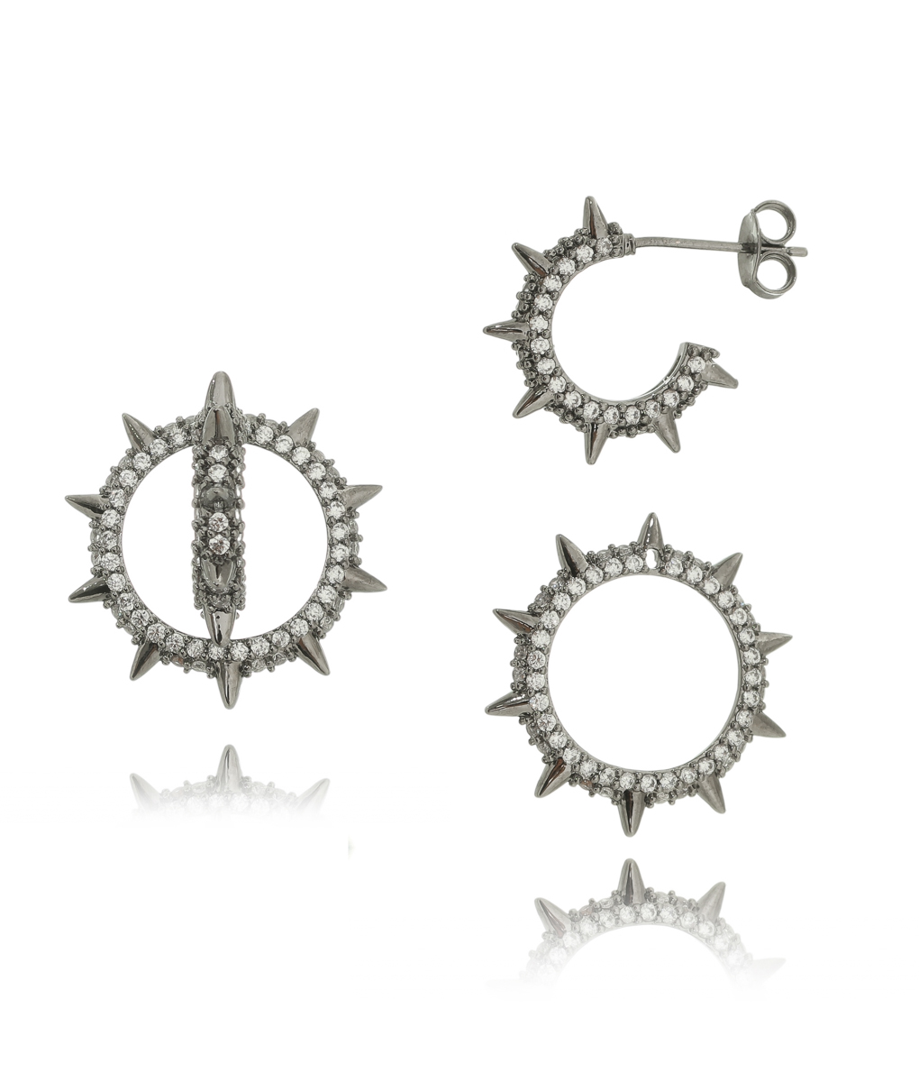 Brinco De Argola Spikes E Zirconias Semi Joias Modernas Rodio Negro - Image 3